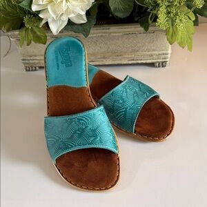 Tsonga Turquoise Leather Slide Sandals with Brown Leather Footbed
